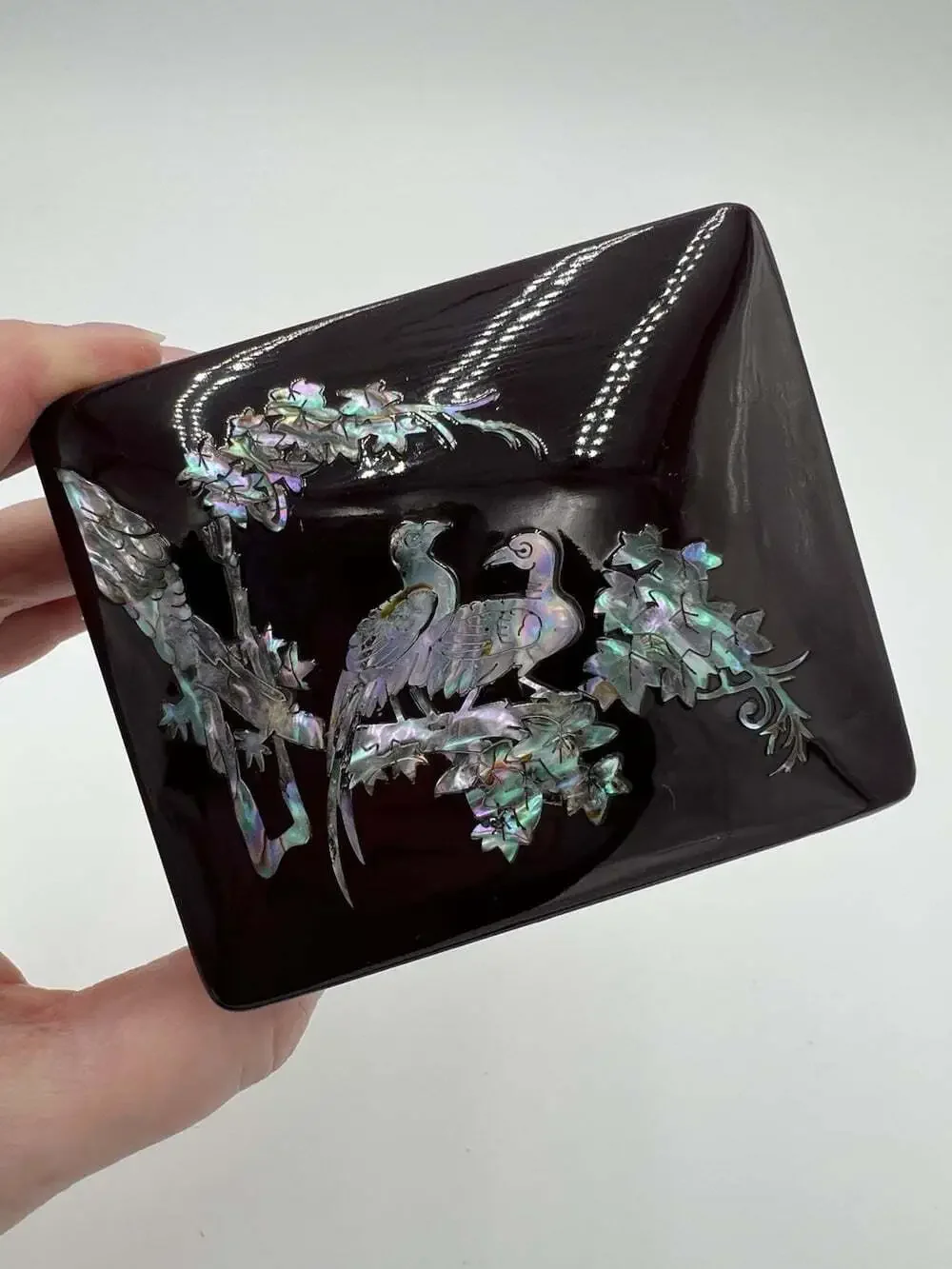 Vintage Asian Lacquer Jewelry Box Mother of Pearl Birds Turtle Clasp Mirror